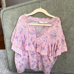 Love shack fancy laurel Floral Pink Ruffle Button-Front Women's Top